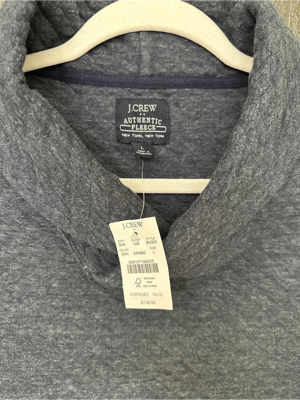 NWT J.Crew Quilted Fleece Pullover Shawl Collar Men’s Large Blue